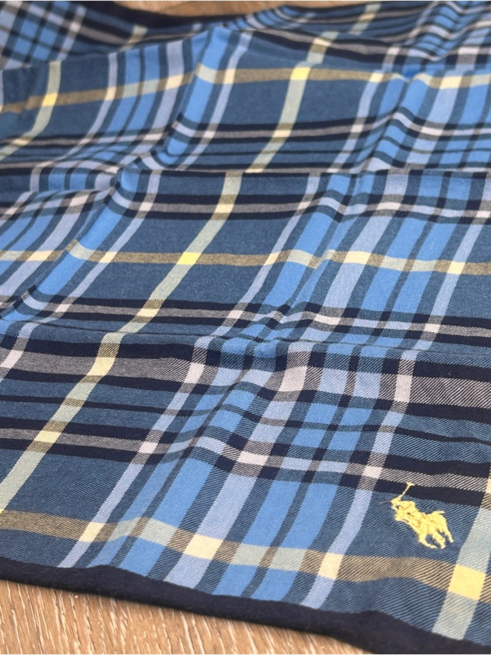 Ralph Lauren Plaid Pocket Square with Embroidered Polo Logo Blue Yellow Tartan - Picture 6 of 6